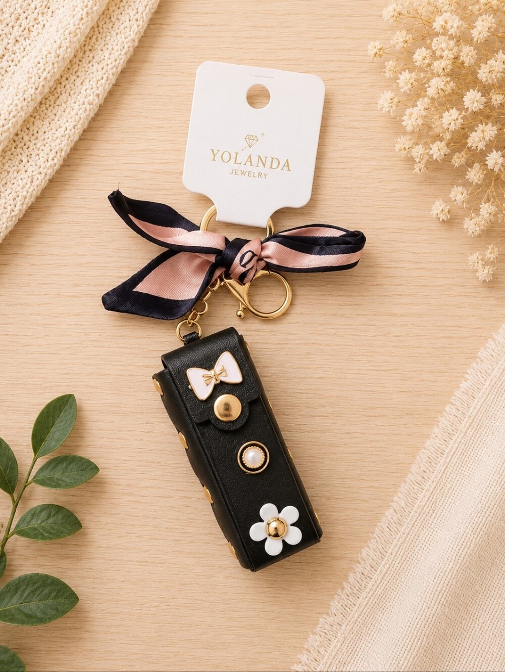 Black Bow & Flower Lipstick Holder Keychain Charm